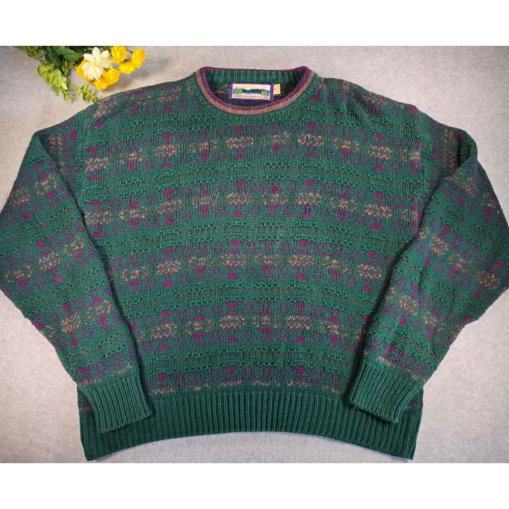 Shenandoah Sweater Mens Large Green Vintage 90s Textured Knit Crewneck Grandpa